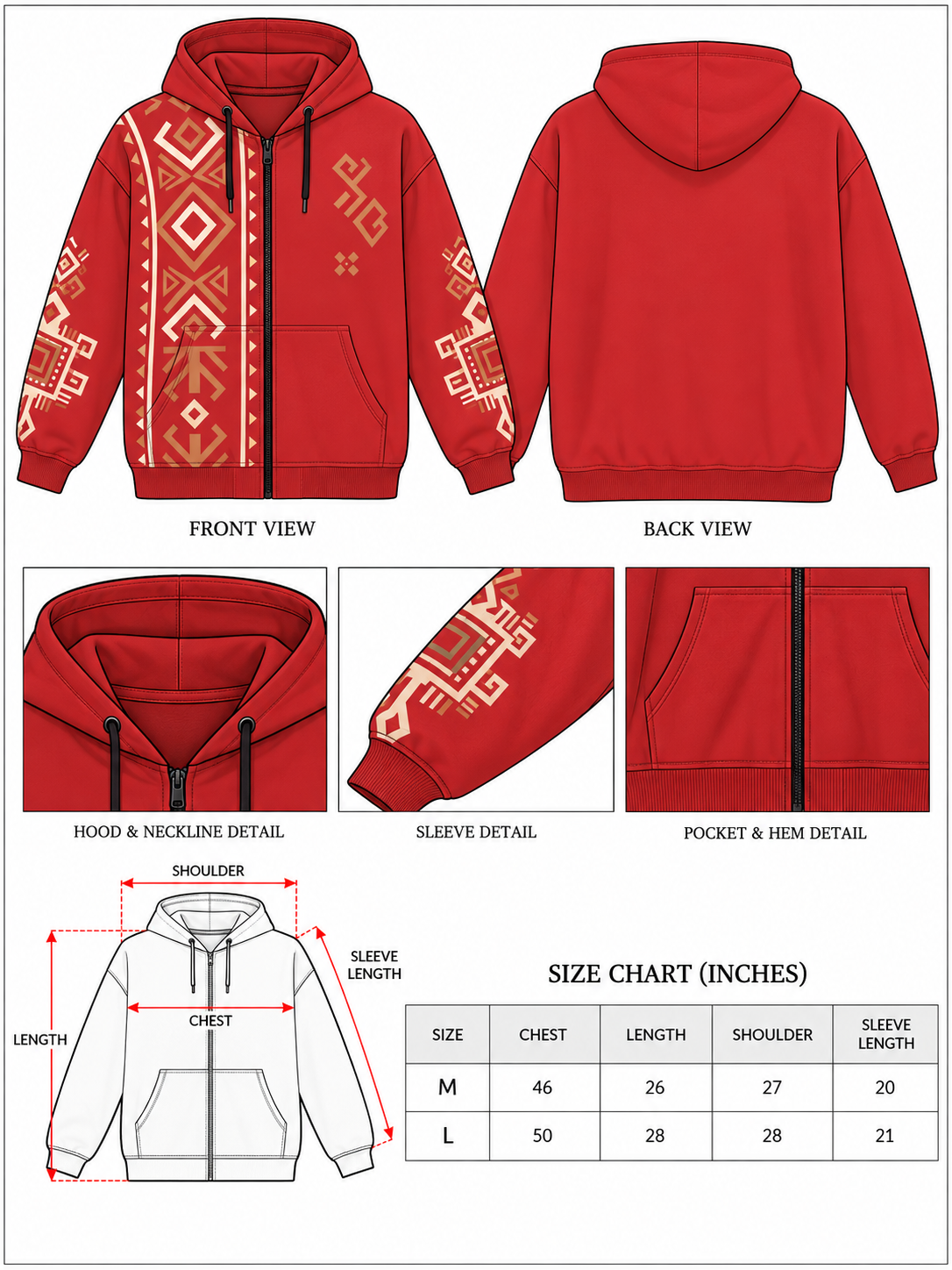 Riwaayat red zip hoodie size chart in inches with front, back, hood, sleeve and pocket detail views