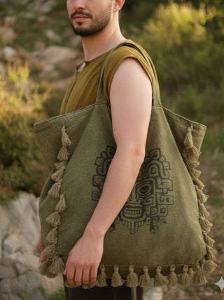 Manan Tote Bag Tribal Print – Boho Cotton Fringe Shoulder Bag