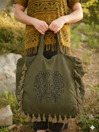 Manan Tote Bag Tribal Print – Boho Cotton Fringe Shoulder Bag