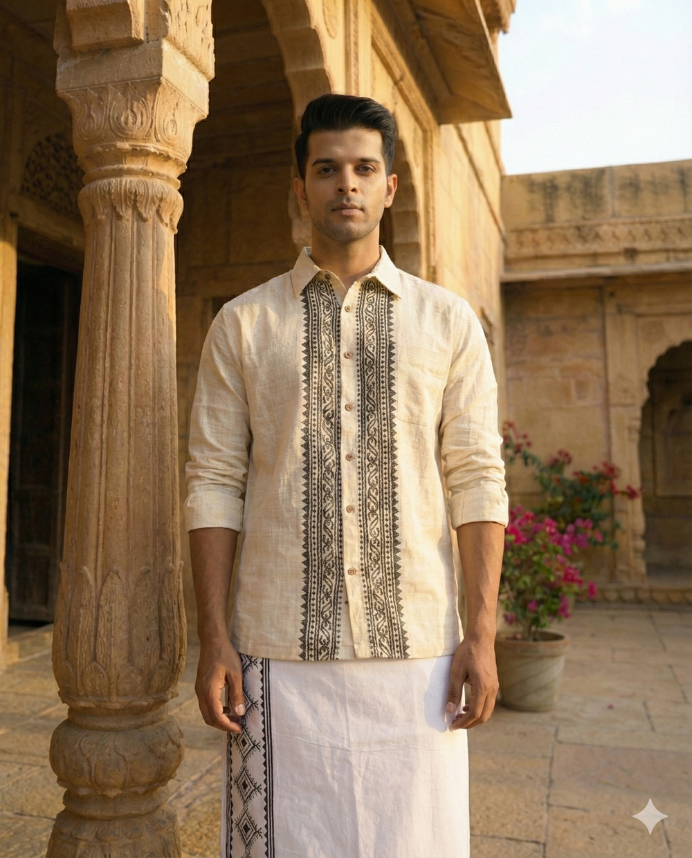 A man in traditional Indian attire stands by a carved stone pillar in a courtyard, wearing the Acharya Shirt Full-sleeve featuring minimalistic black embroidery paired with a white dhoti. Pink flowers and old stone buildings are visible in the background.