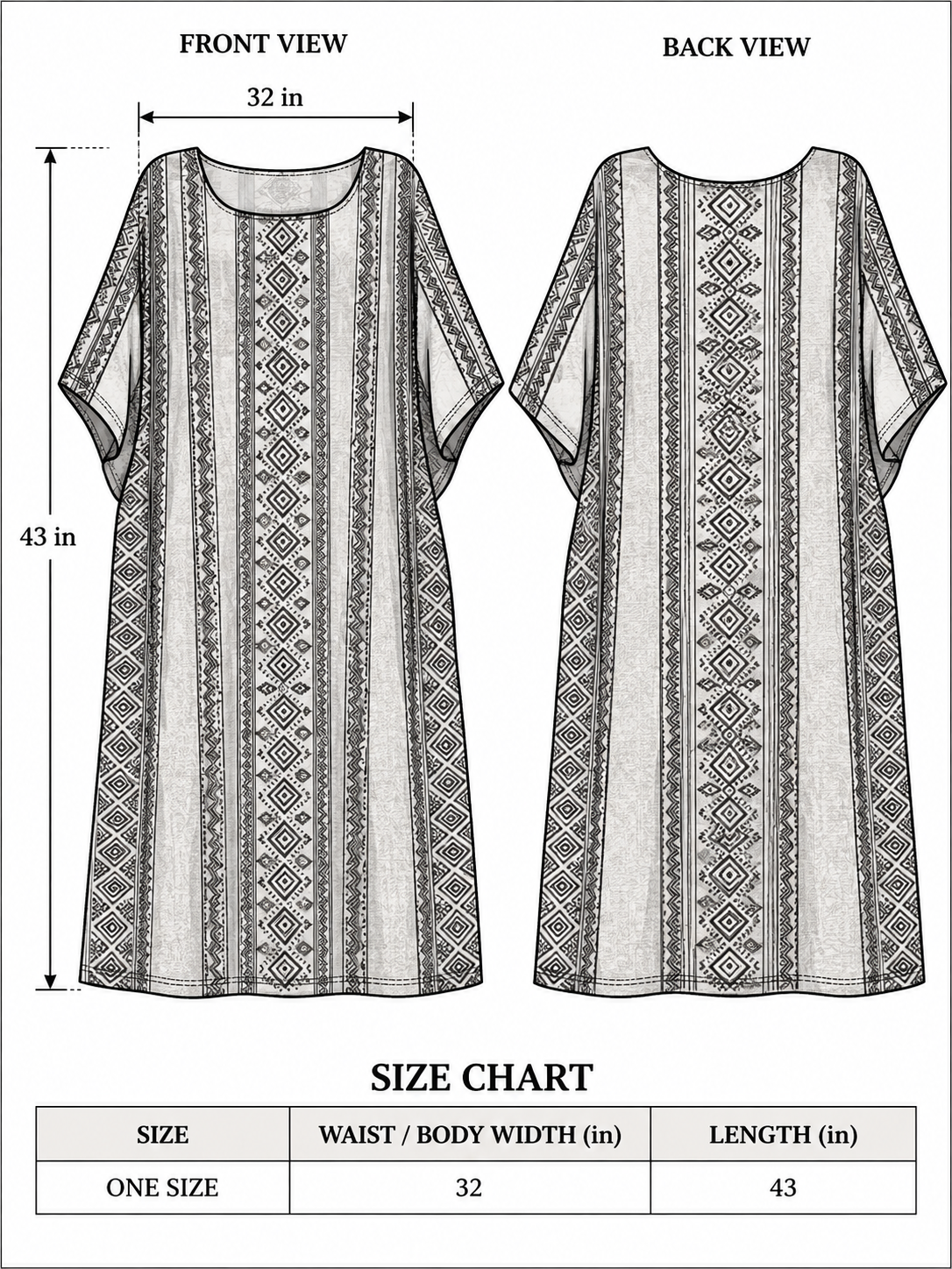 Rooh Kaftan size chart: one size, waist and body width 32 inches, length 43 inches