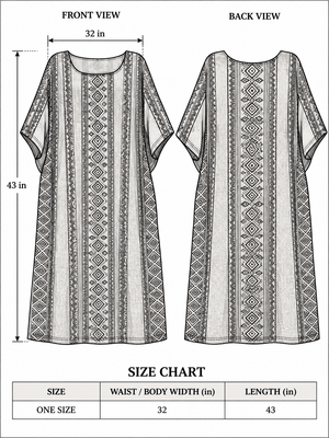 Rooh Kaftan size chart: one size, waist and body width 32 inches, length 43 inches