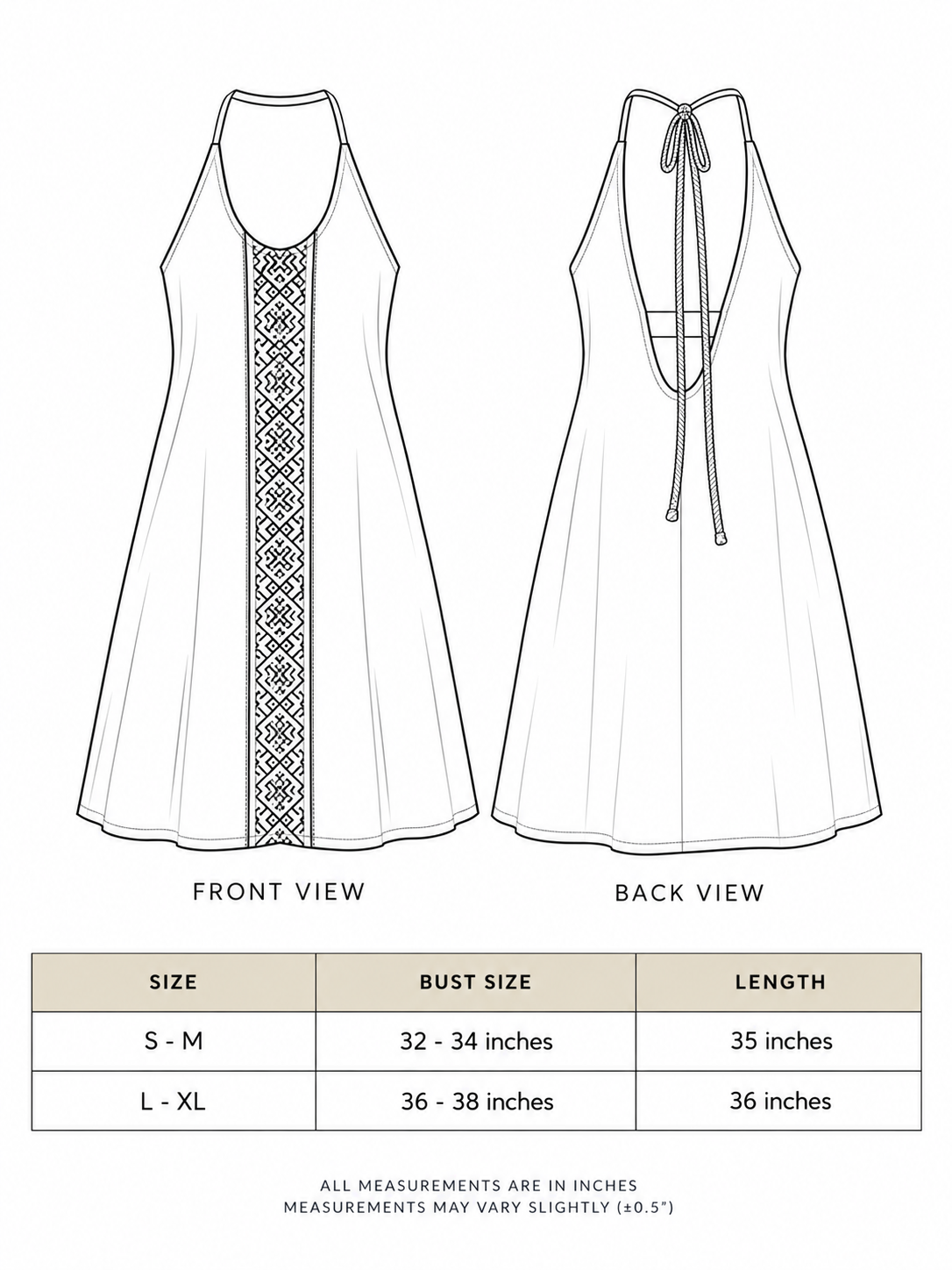 Rope Dress size chart with front and back line drawings plus S-M and L-XL bust and length measurements