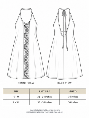 Rope Dress size chart with front and back line drawings plus S-M and L-XL bust and length measurements