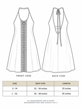 Rope Dress size chart with front and back line drawings plus S-M and L-XL bust and length measurements