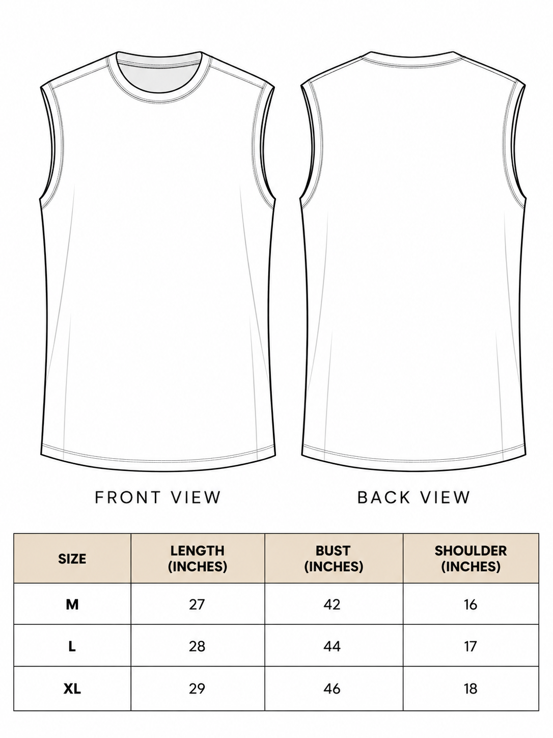 Ruhan Vest size chart with front and back line drawings and length, bust and shoulder table for M, L, XL.