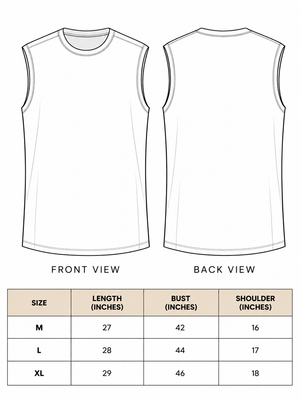 Ruhan Vest size chart with front and back line drawings and length, bust and shoulder table for M, L, XL.