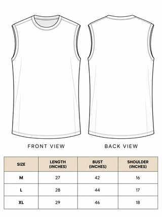 Ruhan Vest size chart with front and back line drawings and length, bust and shoulder table for M, L, XL.