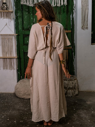 Rusalka Maxi Dress back view showing drawstring waist, natural organic khadi cotton maxi dress