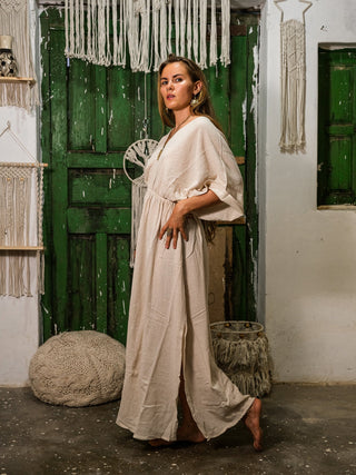 Rusalka Maxi Dress front view with V-neck and flutter sleeves, natural khadi cotton maxi dress
