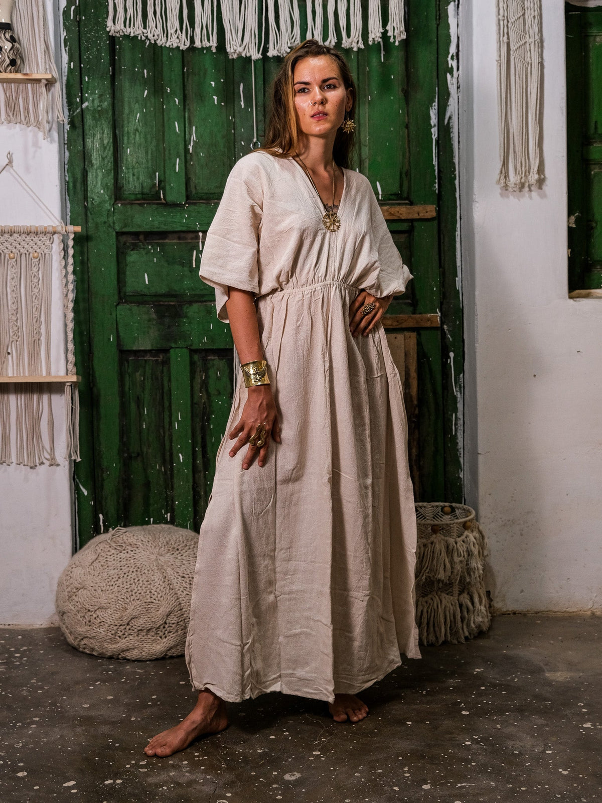 Rusalka Maxi Dress free size boho maxi dress, hand at waist, natural khadi cotton, courtyard setting