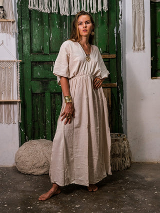 Rusalka Maxi Dress free size boho maxi dress, hand at waist, natural khadi cotton, courtyard setting