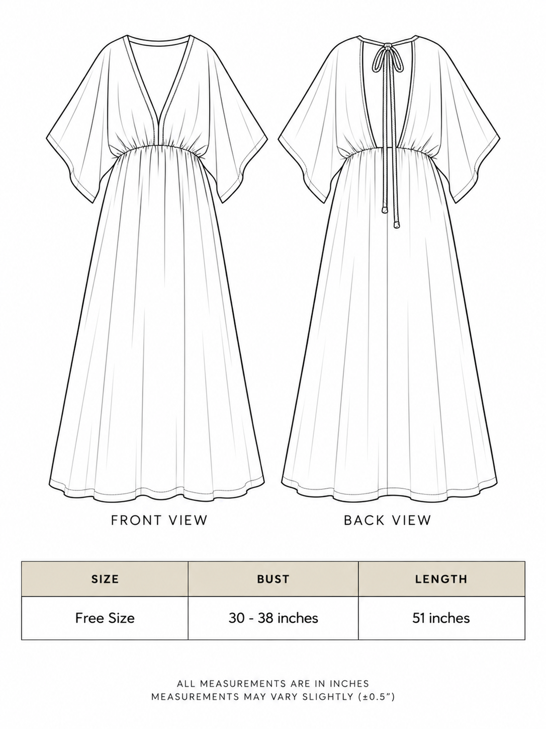 Rusalka Maxi Dress size chart, free size with bust 30 to 38 inches and 51 inch length