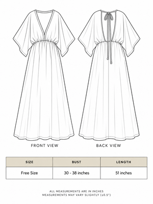 Rusalka Maxi Dress size chart, free size with bust 30 to 38 inches and 51 inch length