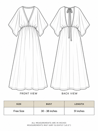 Rusalka Maxi Dress size chart, free size with bust 30 to 38 inches and 51 inch length