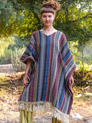 Saisha jacquard kaftan for women in multicolor woven stripes, front view with cream crochet fringe hem