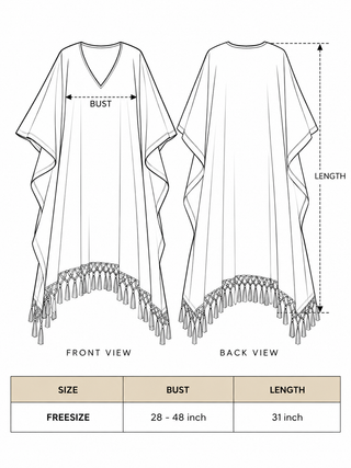 Saisha kaftan size chart: freesize, bust 28 to 48 inch, length 31 inch