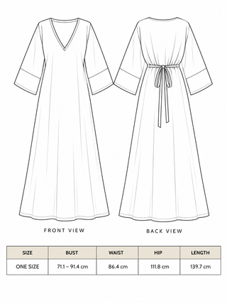 Samudra Maxi Dress size chart, one size bust waist hip and length measurements