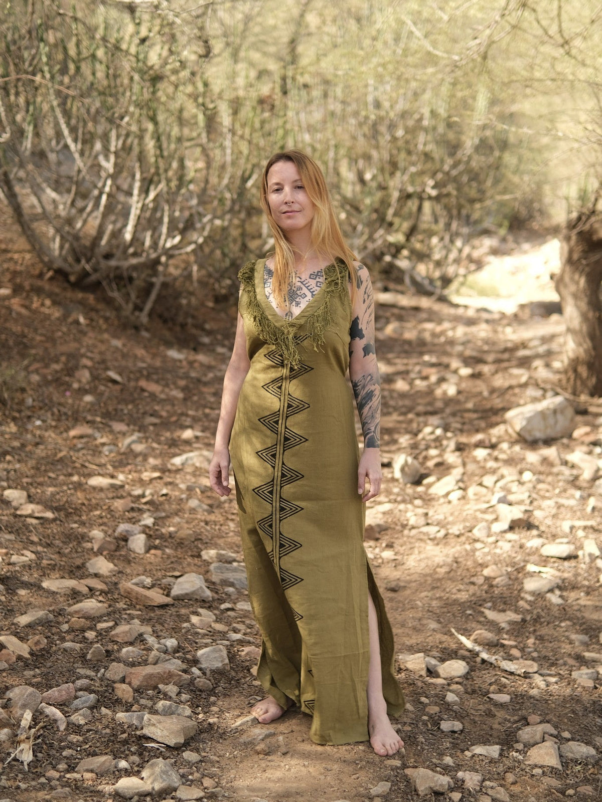 Sandhya Dress olive green geometric print khadi cotton sleeveless maxi dress for women, front view