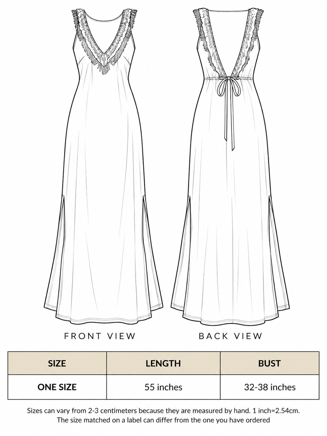 Sandhya Dress size chart for one size: 55 inch length and 32-38 inch bust