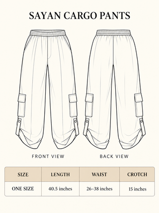 Sayan cargo pants size chart, one size, length 40.5 in, waist 26-38 in, crotch 15 in