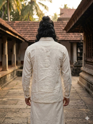 Back view of the Sehra Shirt in off-white cotton, showing the plain back panel and centre yoke seam with long sleeves.