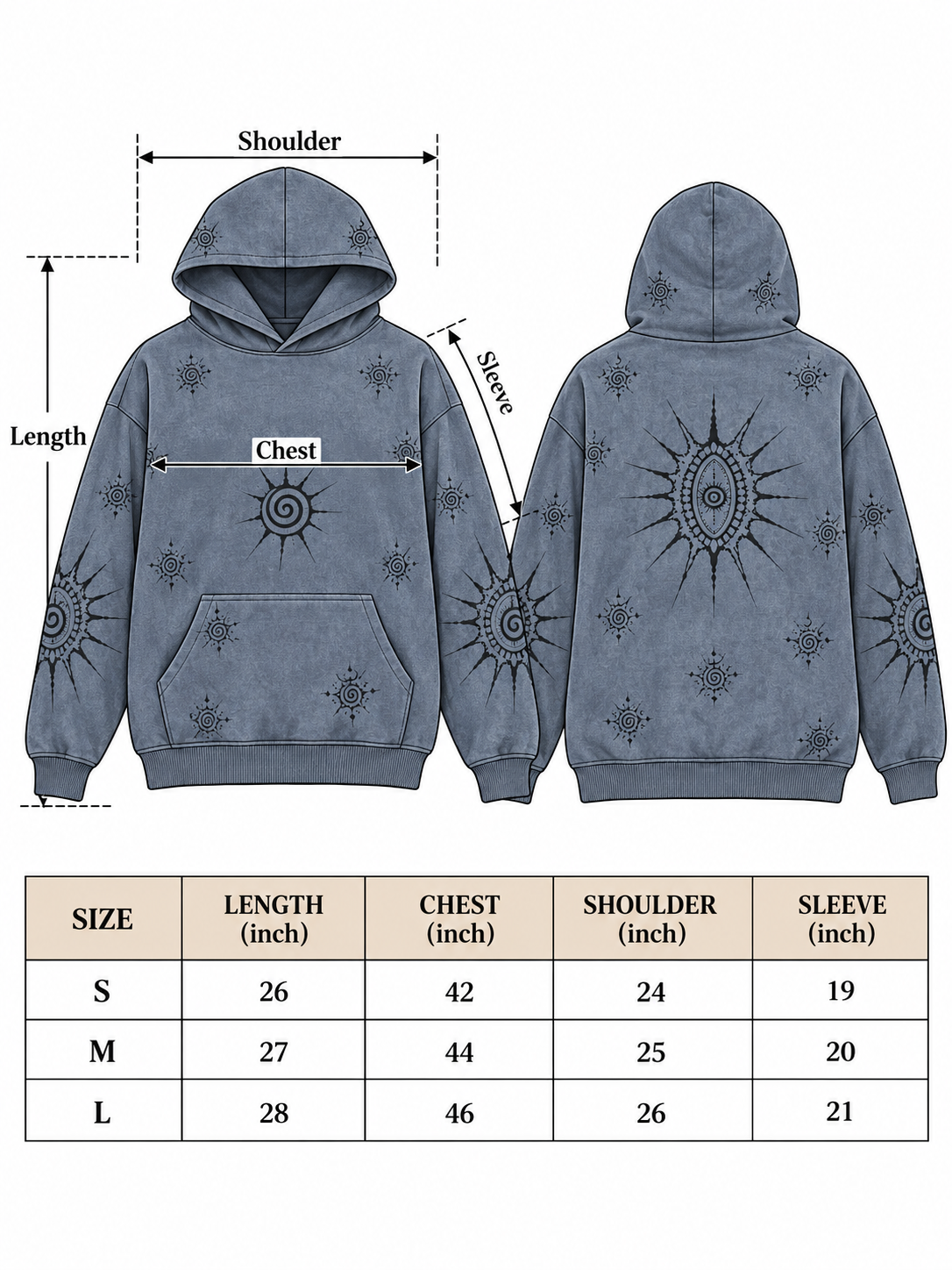 Size chart for the Shaam Hoodie listing S, M and L with length, chest, shoulder and sleeve in inches