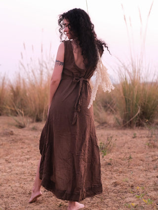Shalini Dress in brown, back view of scoop back and self-tie waist on khadi cotton high-low dress for women
