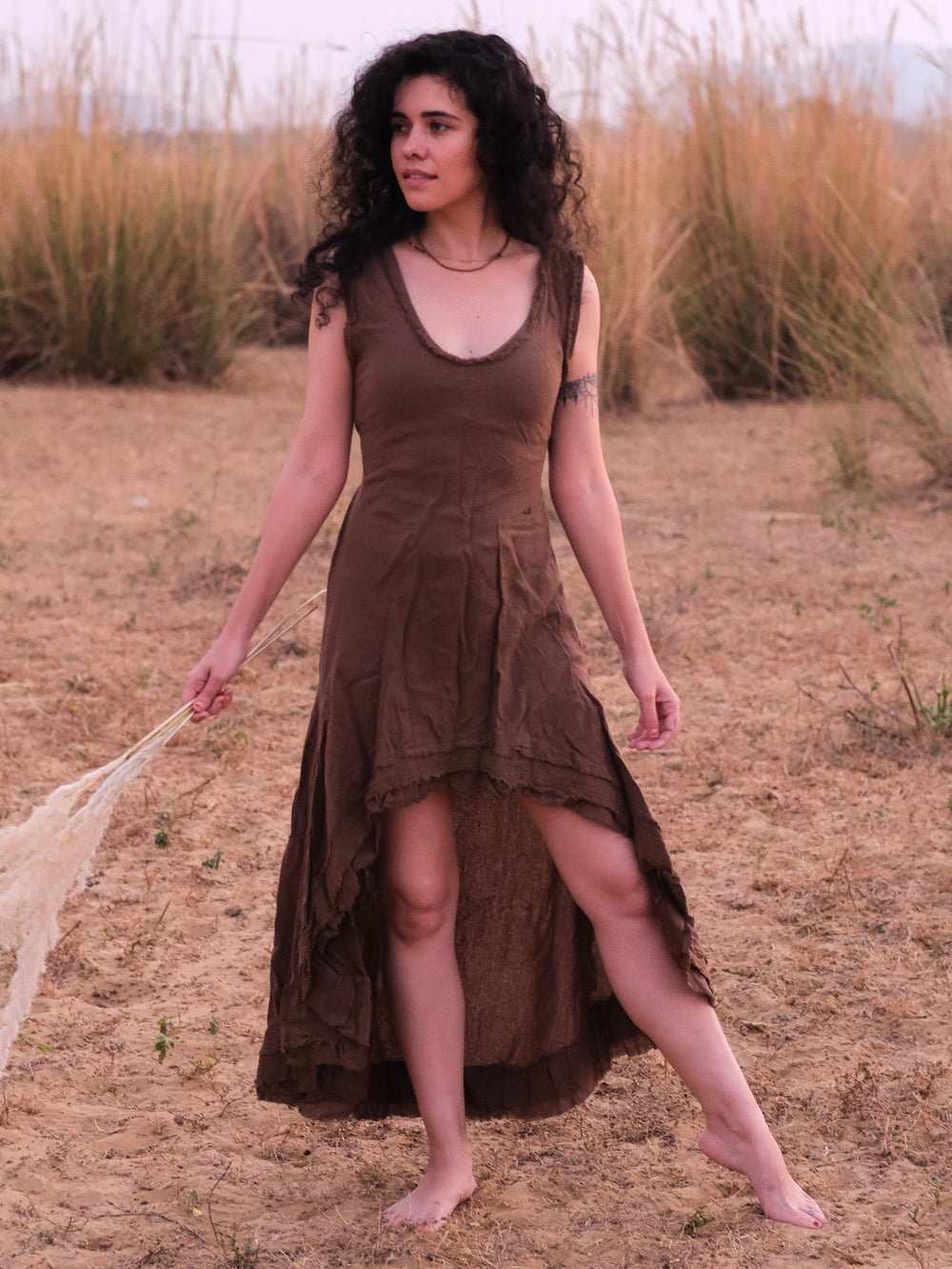 Shalini Dress in brown, sleeveless khadi cotton high-low dress for women with self-tie back waist, front view