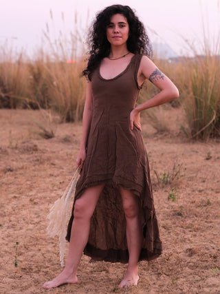 Shalini Dress in brown, full length front view of free size khadi cotton high-low dress for women