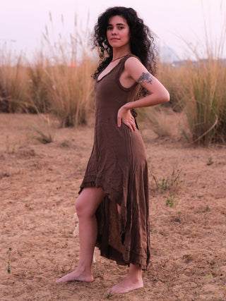 Shalini Dress in brown, side view of free size khadi cotton high-low dress for women with frayed hem