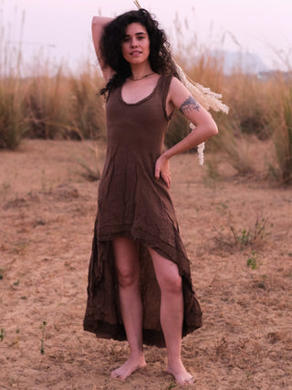 Shalini Dress in brown, styled front view of khadi cotton high-low dress with frayed hem for women