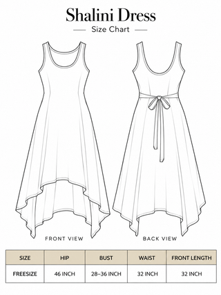 Shalini Dress size chart, free size measurements hip 46 in, bust 28-36 in, waist 32 in, front length 32 in