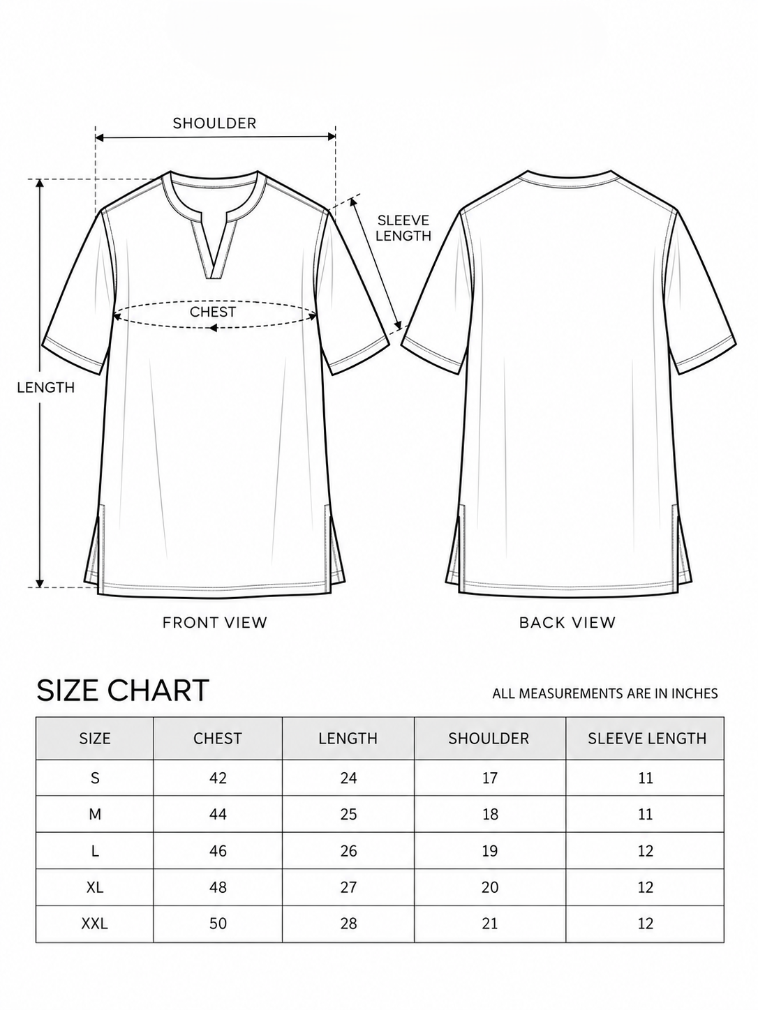 Size chart for the Shama mens cotton kurta: chest 42 to 50 inches, length 24 to 28 inches