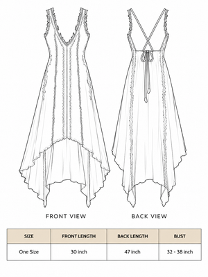 Siya Dress size chart: one size, front 30 in, back 47 in, bust 32-38 in