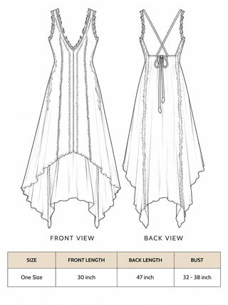 Siya Dress size chart: one size, front 30 in, back 47 in, bust 32-38 in