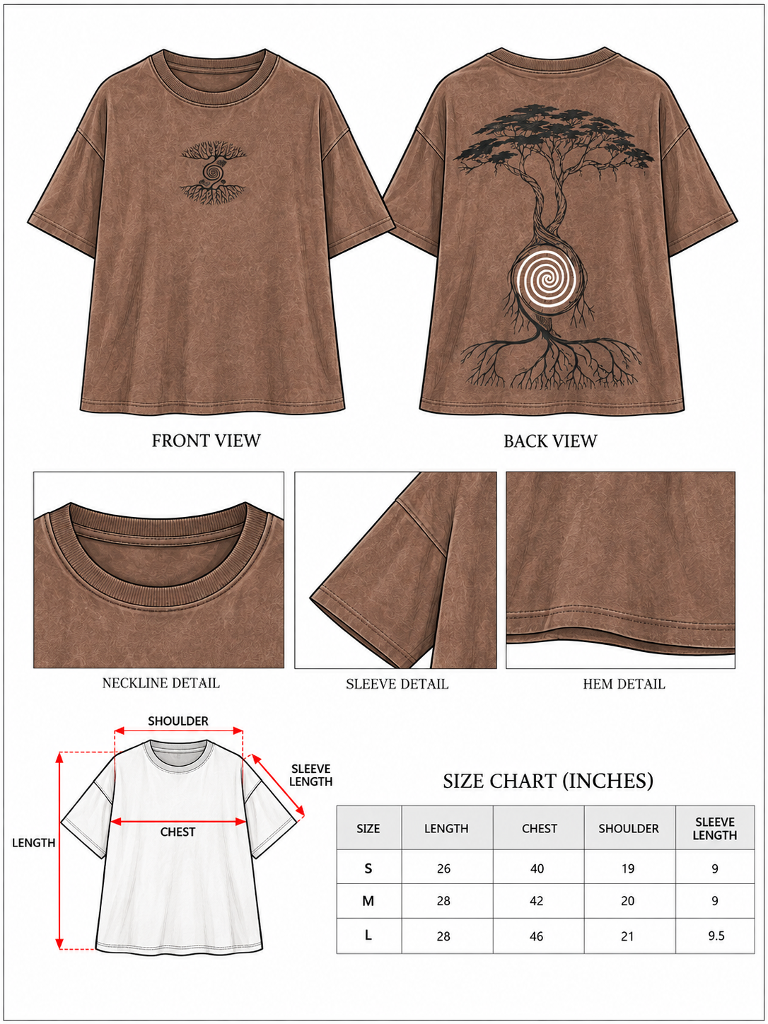 Size chart with front, back, neckline, sleeve and hem detail views of the brown cotton graphic t-shirt