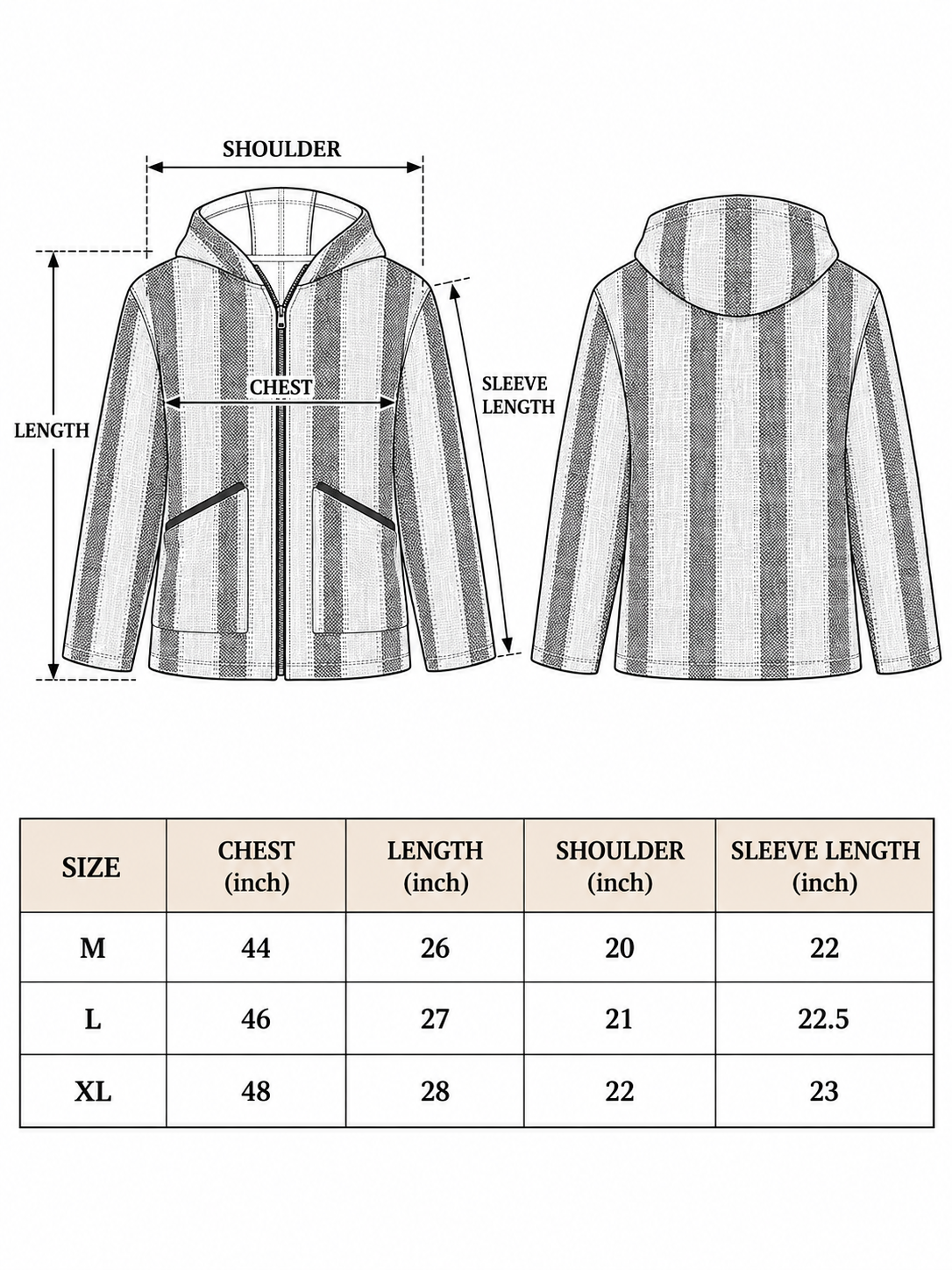 Size chart for the striped hooded jacket, chest 44-48 in, length 26-28 in, shoulder 20-22 in, sleeve 22-23 in