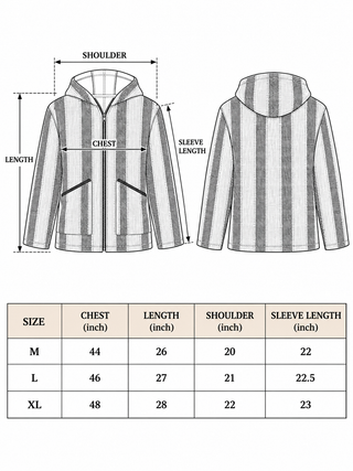 Size chart for the striped hooded jacket, chest 44-48 in, length 26-28 in, shoulder 20-22 in, sleeve 22-23 in