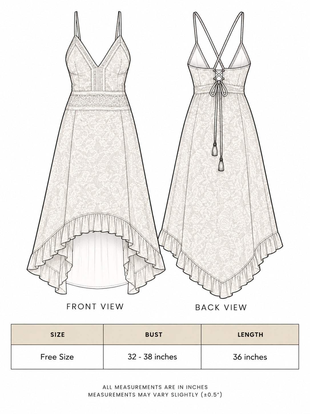 Surekha white lace dress size chart showing free size, bust 32 to 38 inches and length 36 inches