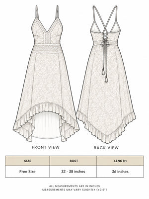 Surekha white lace dress size chart showing free size, bust 32 to 38 inches and length 36 inches