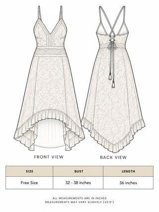 Surekha white lace dress size chart showing free size, bust 32 to 38 inches and length 36 inches
