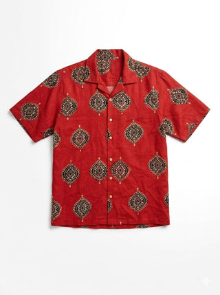 Surkh Shirt red cotton hand block print men's shirt, flat lay showing full front and button placket