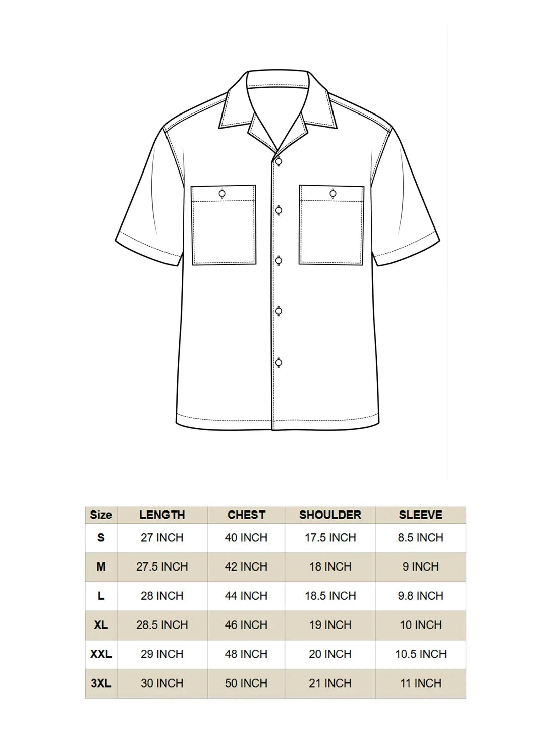 Surkh Shirt size chart with length, chest, shoulder and sleeve measurements for sizes S to 3XL