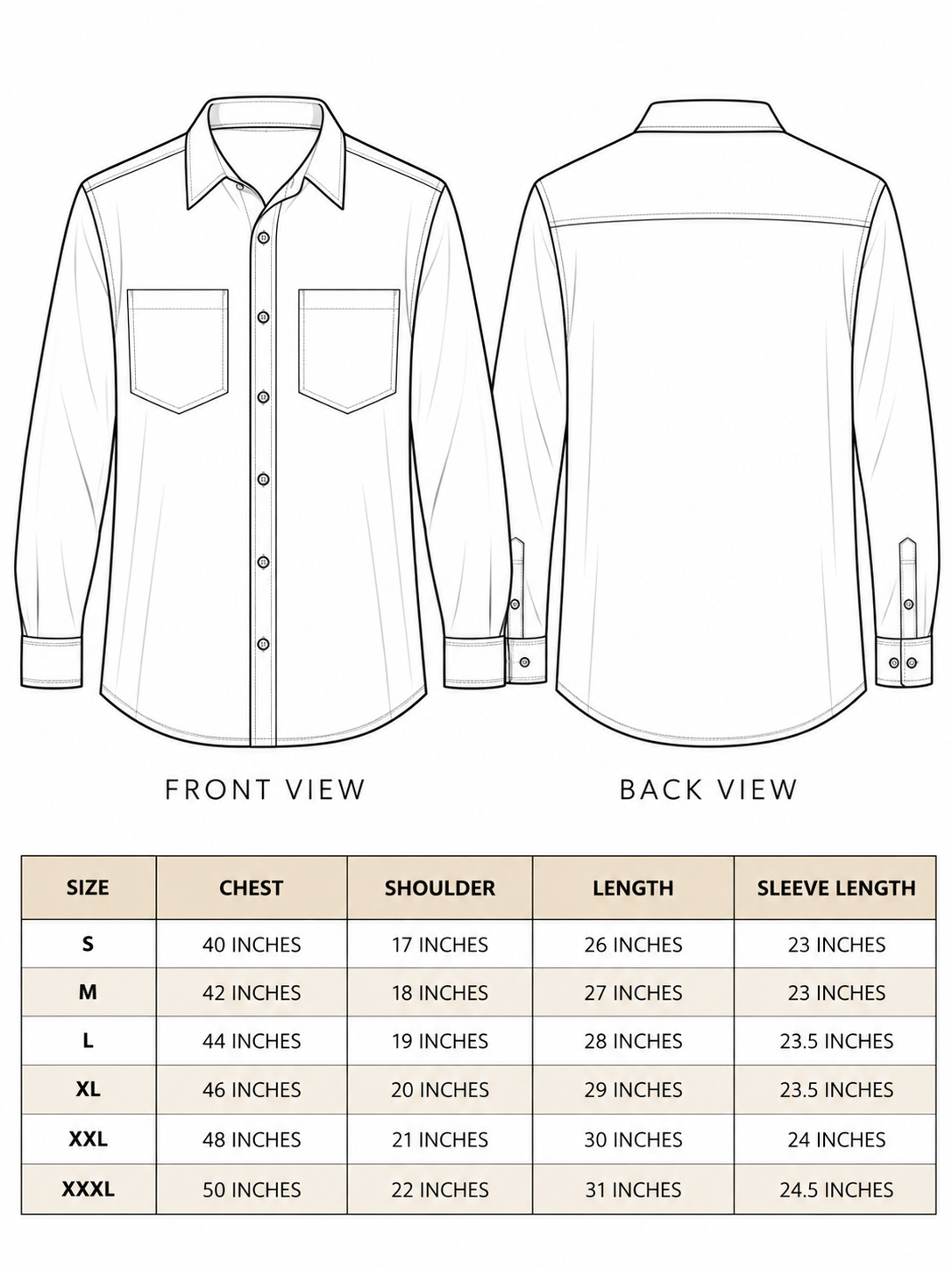 Size chart for the Surya Rekha Shirt, sizes S to XXXL with chest, shoulder, length and sleeve measurements
