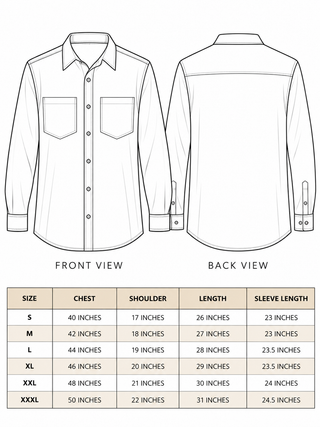 Size chart for the Surya Rekha Shirt, sizes S to XXXL with chest, shoulder, length and sleeve measurements