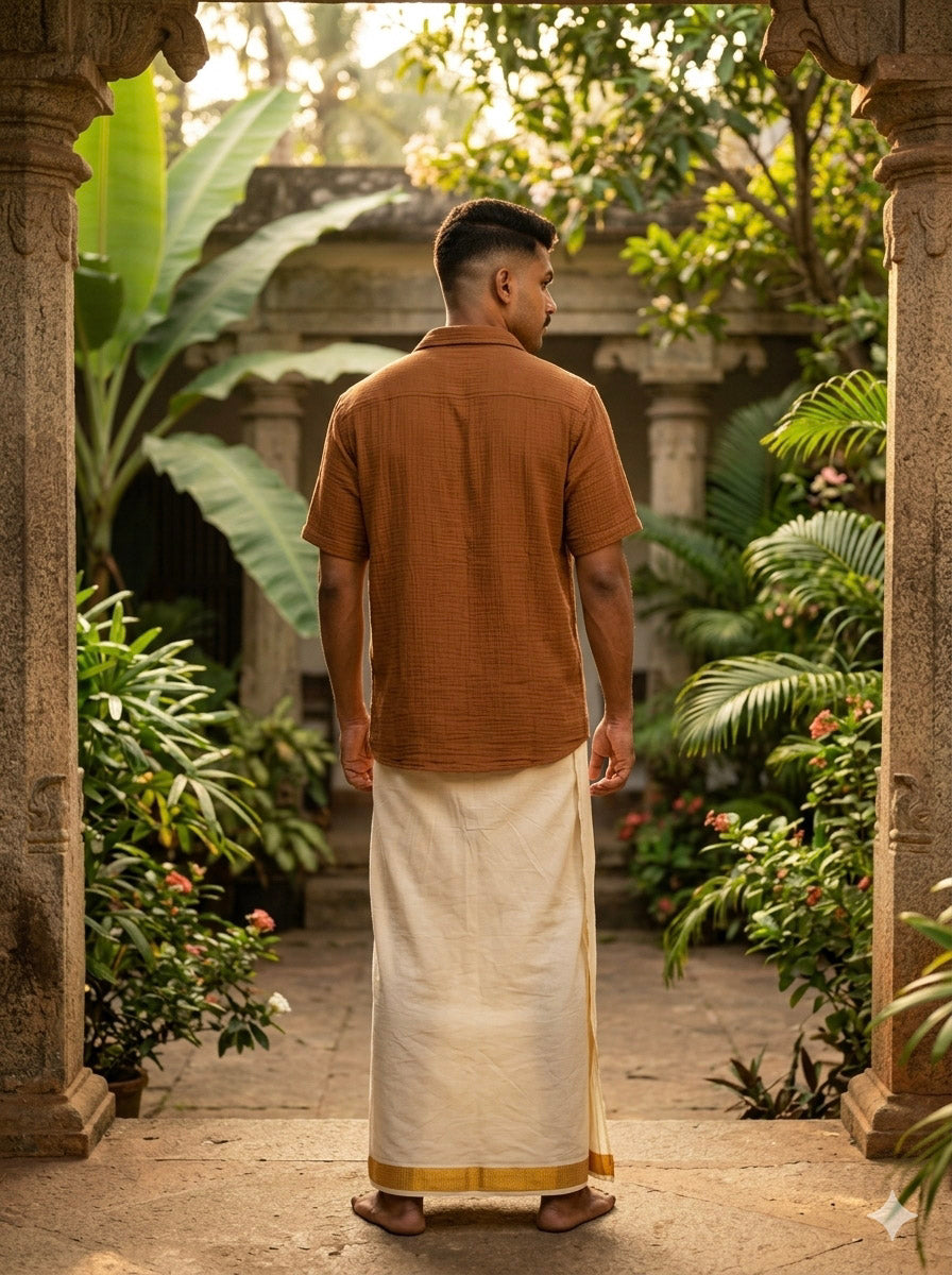 Back view of the Tanay Shirt in camel brown textured cotton, relaxed fit with a curved hem