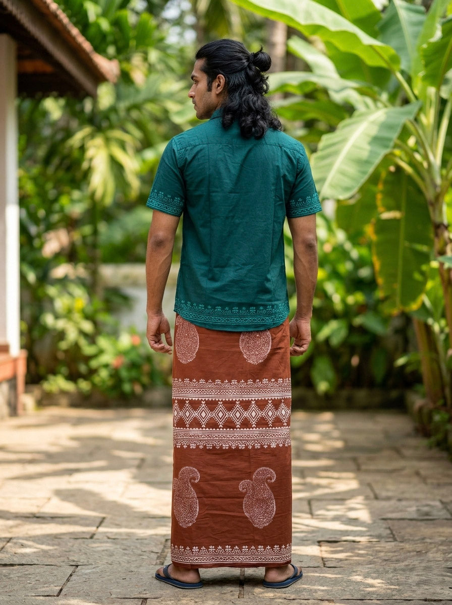 Teevra Shirt deep teal cotton slub shirt for men, back view showing the printed sleeve and hem borders