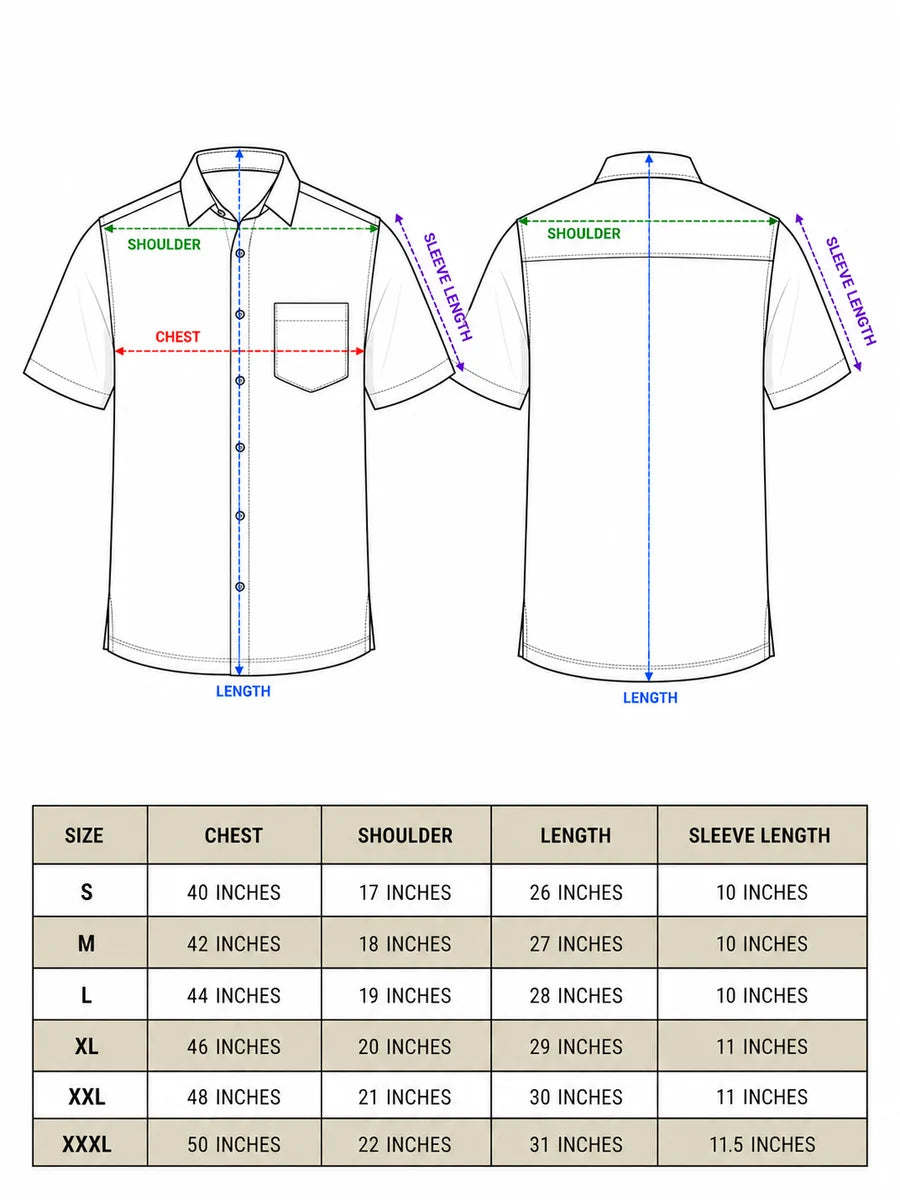 Size chart for tribal handblock cotton shirt, S to XXXL measurements