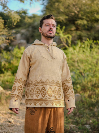 Back of tan hand block print hoodie showing flower of life motif and block printed sleeves